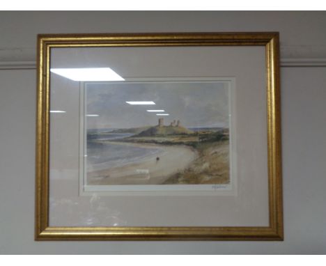 After Tom Macdonald, signed print of Dunstanburgh Castle