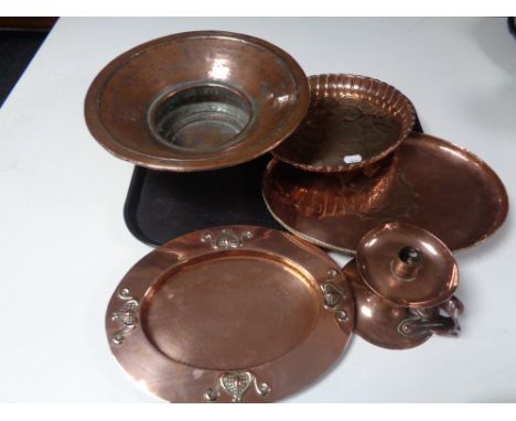 Five pieces of antique and later copper ware to include oval Art Nouveau tray, antique copper bowl, copper candlestick etc. 
