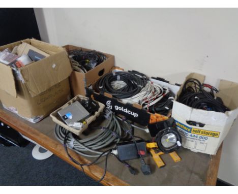 Four boxes containing a large quantity of electrical cabling, sight light, sounds of the city CD's etc 
