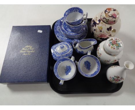 A tray containing a 20 piece Spode Italian tea service, Masons and Coalport ginger jars, Coalport vase, together with a boxed