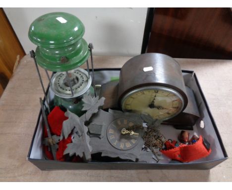 A box of Tilly lamp, oak cased Smiths mantel clock (electric), Black Forest style cuckoo clock 