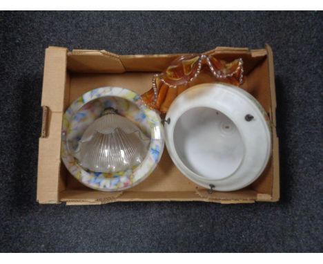 A box containing three vintage glass light shades together with a carnival glass bowl 