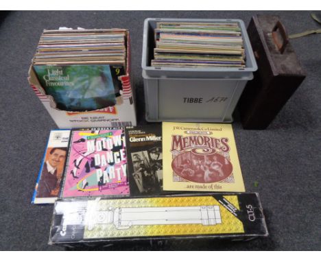 Two boxes and a case containing vinyl LPs to include classical, Bay City Rollers compilations, together with a boxed camcorde