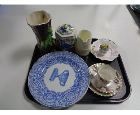 A tray containing assorted china to include Spode plates, Masons lidded jar, Hornsea vase, Royal Albert china trio etc 