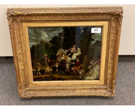 A treacle print laid face to glass : Mythological Scene with Maidens and Cherubs in a Garden, 24 cm x 29 cm, in ornate gilt c