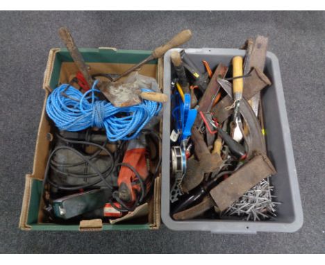 A box and a crate containing a large quantity of assorted hand tools, power tools, bungee cords, rope etc. 
