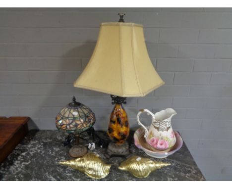 A Tiffany style table lamp with leaded glass shade, together with a further contemporary table lamp with shade, a wash jug an