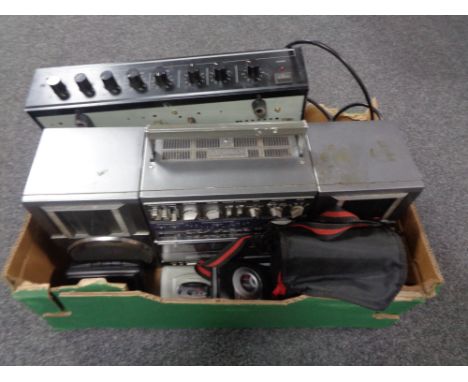 A box containing assorted electricals to include an Eagle public address amplifier, an Icon multi band receiver, radio camera