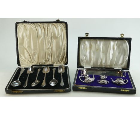 Miniature silver 5 piece Tea set: Cased tea set with tray measuring 15cm wide, modern hallmarks, together with cased plated s