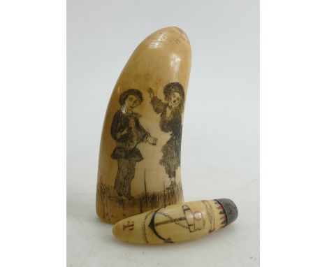 A 19th century Scrimshaw Whales Tooth: Incised with a holy bible, peacock and children playing together with similar white me