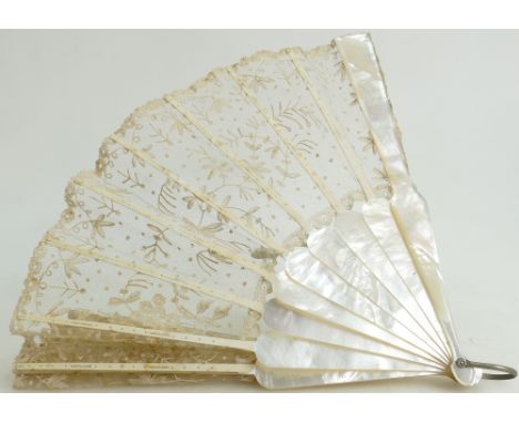 Mother of Pearl Fan with lace decoration: Supported by bone struts 28cm not including hoop.