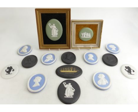 A collection of Wedgwood Jasperware oval Portrait plaques: In green, blue and black coloured Jasperware. (15)