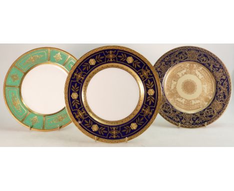 A Minton green panelled and gilded dinner plate etc.: Minton plate pattern number H4998, a dark blue and gilt dinner plate H4