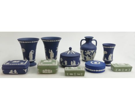 A collection of Wedgwood Jasperware: Including small Portland vase, vases, bowl &amp; cover and trinket boxes in dark blue an