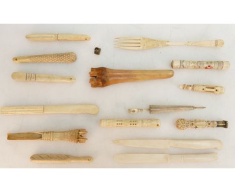 19th century carved bone collectors pieces x 15: Includes a carved bone &amp; brass seal / Stanhope depicting Canterbury Cath