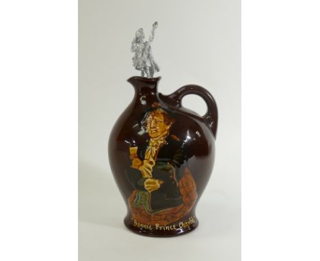 Royal Doulton Kingsware Whisky Flask: Royal Doulton Kingsware Dewars whisky flask ''Bonnie Prince Charlie'' with later stoppe