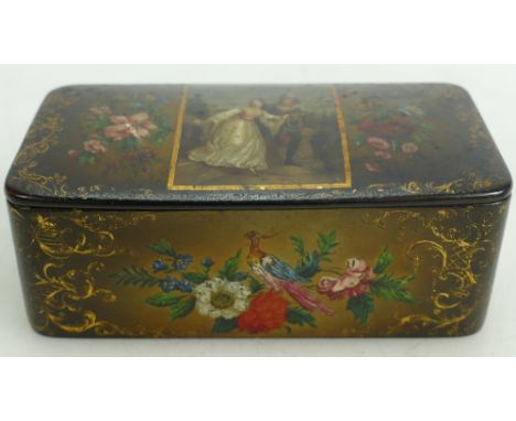 Hand decorated Papier Mache table Snuff box: Decorated inside lid with double headed eagle motif, makers name possibly in Ger