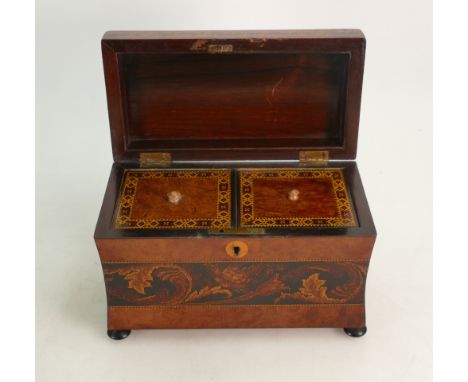 Tunbridge ware Tea Caddy: Fine box in very good condition, missing 3cm slither of wood top left &amp; top right of lid.  Meas