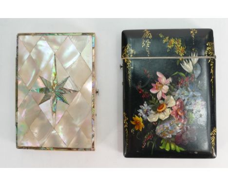 Two Victorian Card Cases: One Mother of Pearl case with losses to edges, and a Papier Mache hand decorated case. (2). 