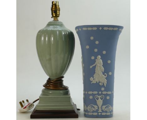 Large Wedgwood Jasperware vase and similar lamp base: Vase height 29.5cm together with similar green glazed lamp base. (2)