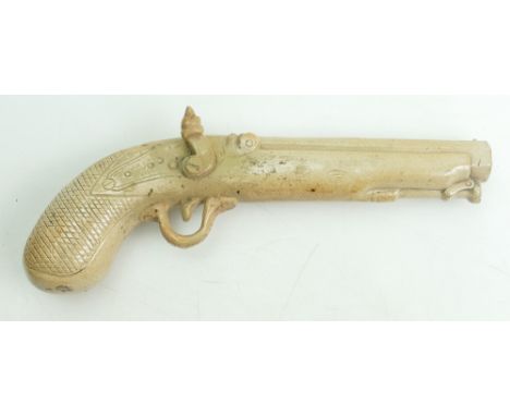 Victorian Doulton and Watts, Lambeth, Saltglazed, Stoneware Pistol Flask: Circa 1840, length 25cm.