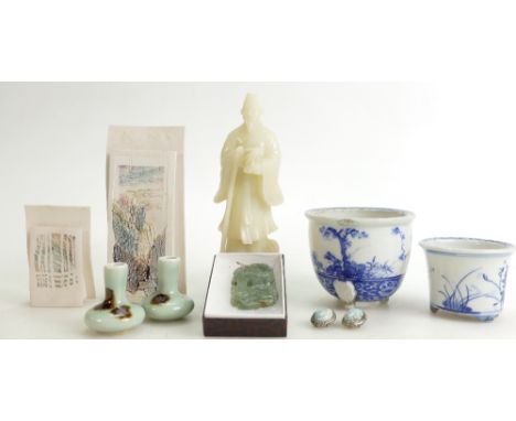 A collection of Chinese items: Including carved stone figure, jade pendant, miniature blue and white bowls &amp; vases etc. (