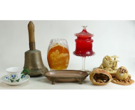 A collection of interesting items: Including Carolyn Cooke ceramic items, old brass bell, glassware vases etc. (8)