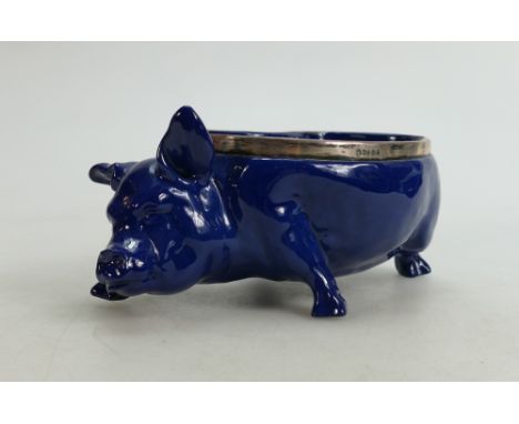 Royal Doulton Titanian model of a Pig: Modelled as a dish with hallmarked silver marks, length 20cm, height 7cm. (restoration