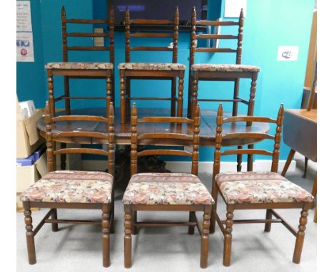 Large Extending pedestal table: Heavily carved to bases &amp; 6 matching ladder back chairs.