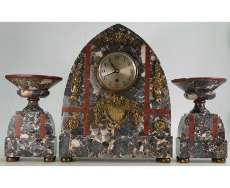 Large early 20th French Art Deco marble Mantle clock with matching garnitures: 41cm tall.