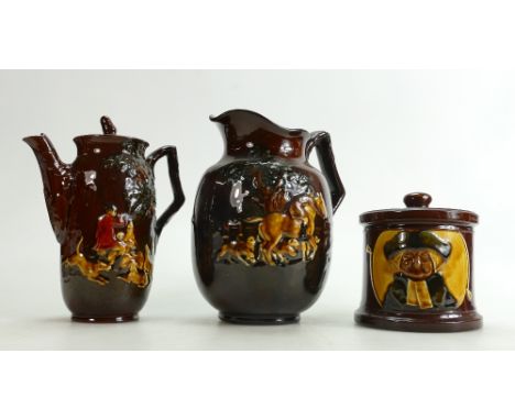 A collection of Royal Doulton Kingsware: Including hunting teapot and large jug and tobacco jar &amp; cover, tallest height 2
