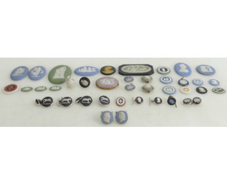 A collection of good Wedgwood miniature Jasperware Cameos: Comprising roundels, portrait plaques, silver mounted earrings, ti