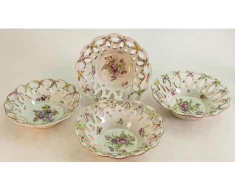 Four 18th century Worcester porcelain Baskets:  Three appearing to match, measuring 19.5cm x 6cm high, with one basket being 