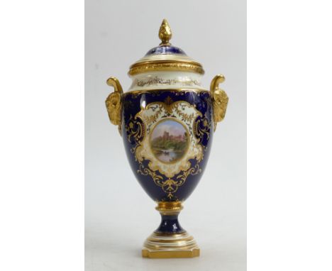 Coalport gilded and hand painted two handled Vase &amp; cover: Decorated with a stately house and signed A Perry, height 26cm
