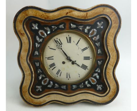 19th century striking Wall Clock: Walnut with Mother of Pearl decoration 47 x 47cm.