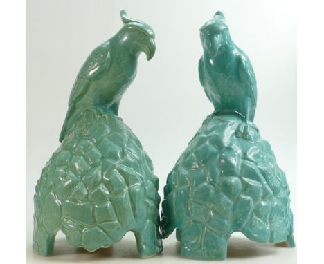 Doulton &amp; Co pair of speaker covers in the form of Parrots: Perched on a rock in slightly different blue glazes, manufact