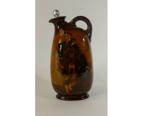 Royal Doulton Kingsware Whisky Flask: Royal Doulton Kingsware Dewars whisky flask ''Pipe Major'', height 21cm. (slight glaze 