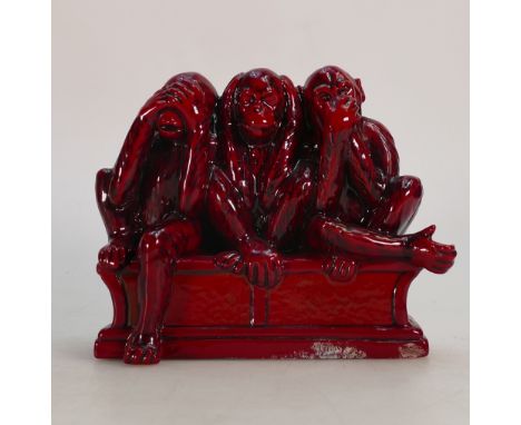Royal Doulton Flambe model of three wise Monkeys BA64: Limited edition for Burlsem Artwares, height 14cm.