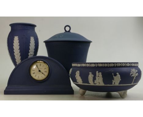 Collection of modern Wedgwood blue Jasper Basalt items to include: Footed bowl diameter 21cm, lidded pot height 20cm, vase he