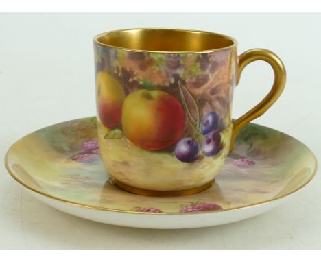 Royal Worcester coffee can &amp; saucer hand painted with fruit: The can is signed by Maximus and the saucer signed Prue.