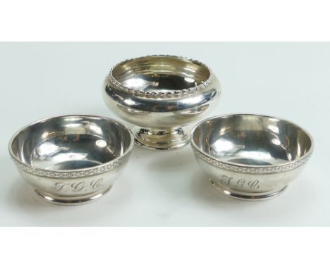 Pair of heavy silver Salts & one other: Pair of salts hallmarked Sheffield 1948, bearing initials & weighing 114.8g.  The sin
