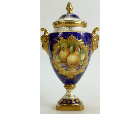 Coalport two handled Vase &amp; cover: Gilded and decorated with panel of fruit signed KH, height 24.5cm.