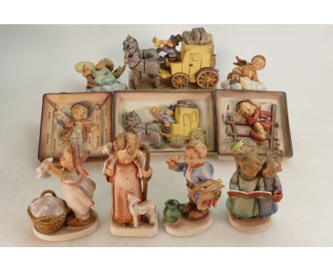 A collection of Goebel figures to include: Model numbers 261, 42/0, 304, 226 and 321 together with two angel wall plaques and