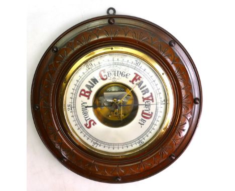 Large Mahogany framed wall Barometer: 34cm diameter. 