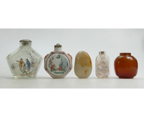 A collection of five Chinese Jade, Crystal and Porcelain Perfume Bottles: Height of tallest 9cm. (5)