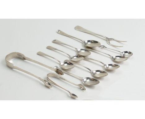 12 x assorted silver items from George III onward: Includes sugar tongs, spoons, golf related and picture back spoons, pickle