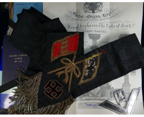 A United Grand Lodge Masonic &amp; Silver Jubilee Lodge large collection of items including: Grand Master aprons, medals, med