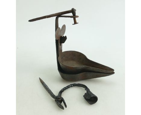 18th century iron Rush Light &amp; Candle holder, together with Antique Phoebe lamp: