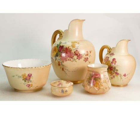 A collection of Royal Worcester Blush Ivory items: To include large &amp; small jugs, vases etc., tallest jug 23cm. (5)