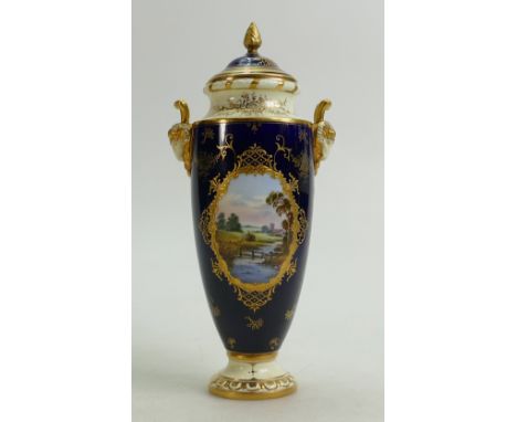 Coalport gilded and hand painted two handled Vase &amp; cover: Decorated with a farming countryside scene by J. Keeling, heig